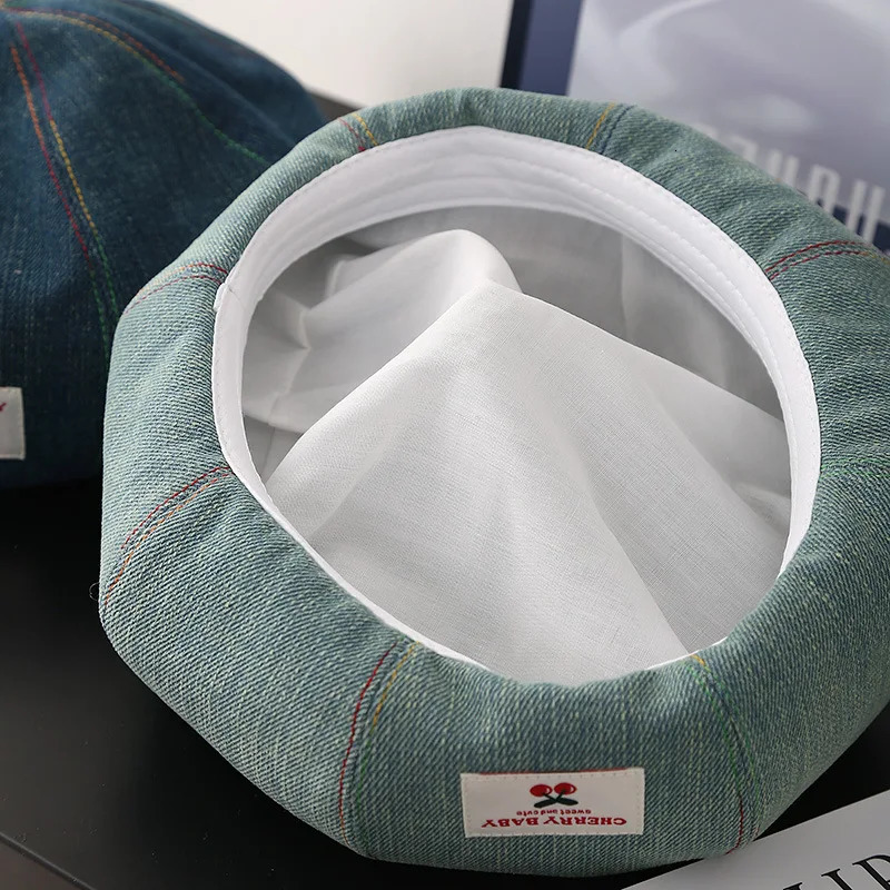 Beret Womens Hat Fashion Cherry Cloth Label Korean Style Washed Denim Cloth Sweet Cute Painter Hat Female Casual 250729