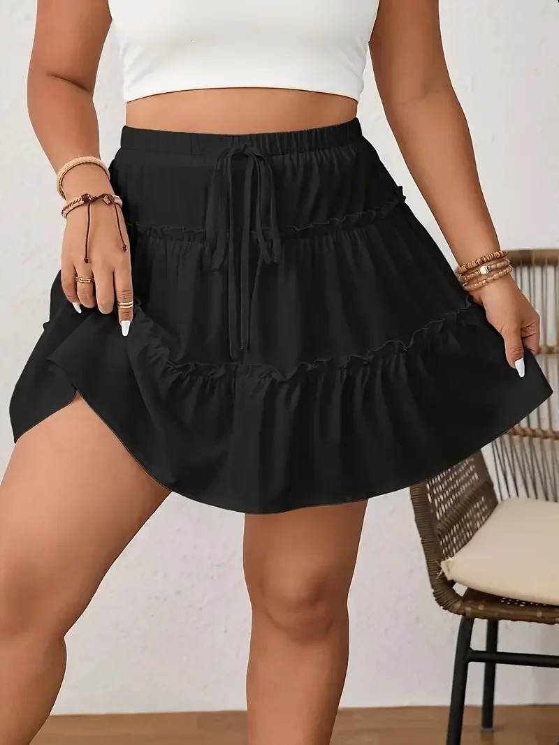 Plus Size 1XL5XL Spring Womens Casual Elegant Solid Color ALine Skirt Ladies with Ruffled Hem and Elastic Waistband Skirt 250729