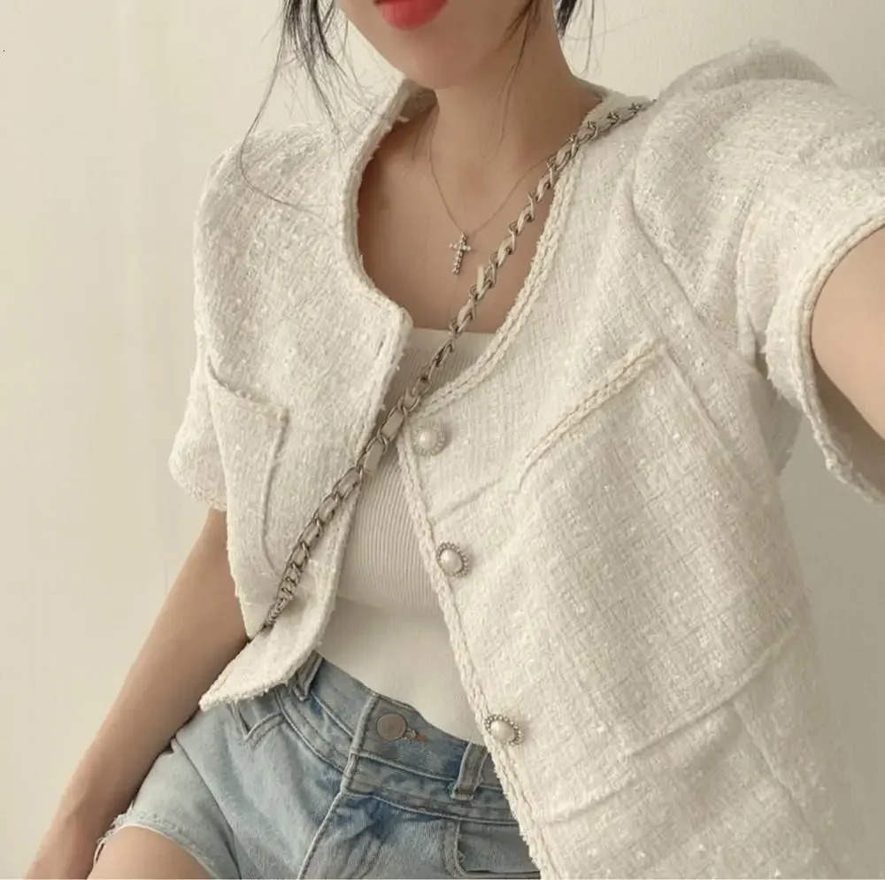 Chik Koren Style Womens Cardigan Jacket French Nichetweed Pearl Button Round Neck Coarse Tweed Short Sleeves Spring Summer 250729