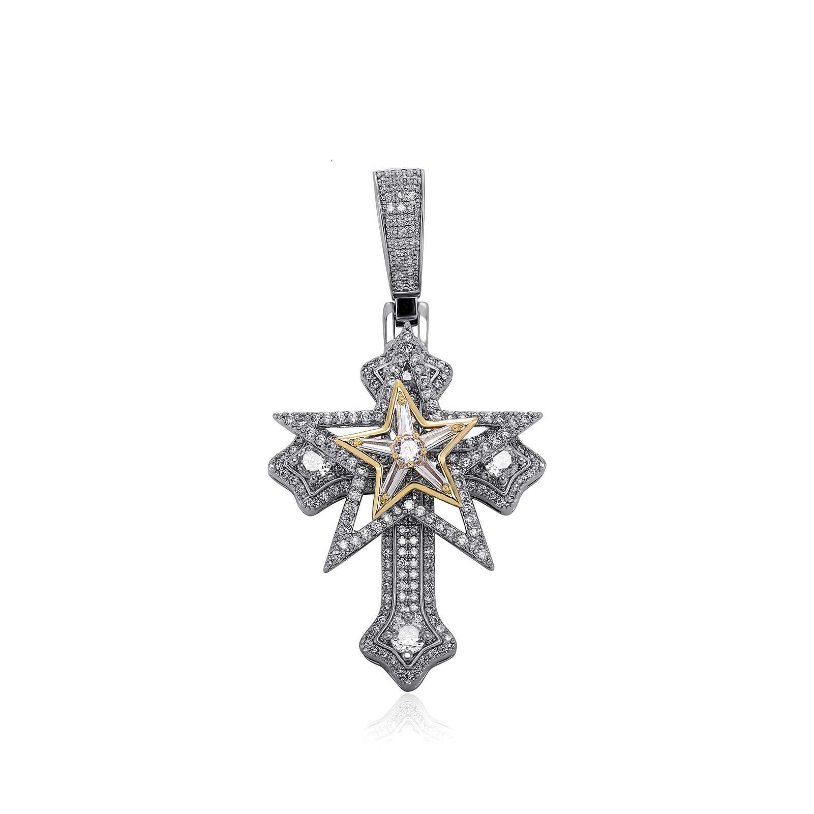 Top Quality Bling Rotate Star Cross Pendant Necklace For Men Hip-Hop Full Iced Out Cubic Zirconia Hexagonal Star Meteor Rotating Charm Jewelries Acces
