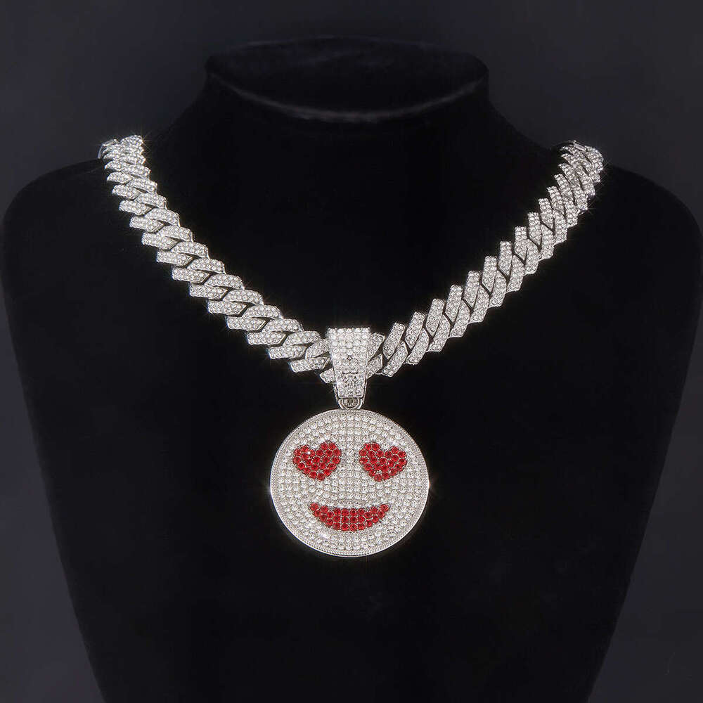 Full Dia Multi-color Heart Smiley Pendant Creative Personality Alloy Cuban Chain Street Fashion Necklace