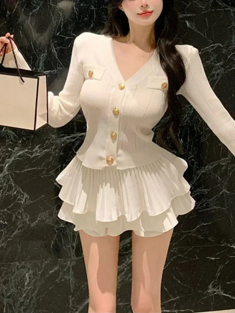 Korean Fashion Knitted Suit Black Slim 2 Piece Skirt Set Casual Elegant Sweater Women Outerwear Y2k Mini Skirt 250729