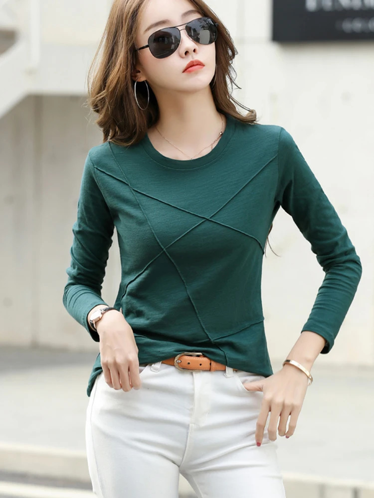 Autumn Long Sleeve Women ONeck Bamboo Cotton TShirt Elegant Loose Ribbed Fashion Tee Shirt Simple Ladies Tops 250729