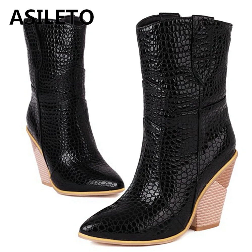 ASILETO Denim Winter Warm Fur Western Ankle Boots for Women Wedge Heel Pointed Toe Slip On Big Size US17 S2449 250729
