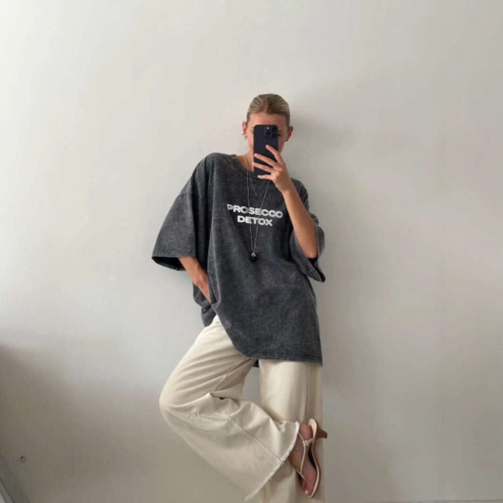 Loose Fit Letter Print Short Sleeve T-Shirt For Women Summer New Washed Vintage Design Base Shirt Ins B5
