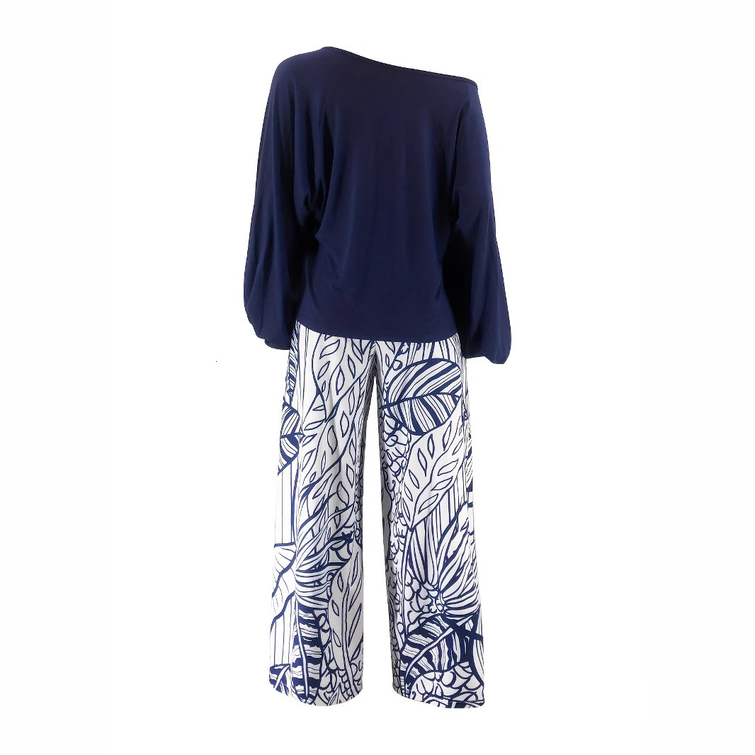 F2162 Womens Spring Summer Solid Color Asymmetrical Neck Top Fashion Printed Wide Leg Pants Casual Two-Piece Set