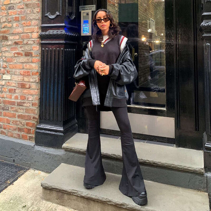 Q21pt1 Women's Fashion 21 Autumn New Casual Solid Color High Waist Slim Fit Flared Long Pants B5