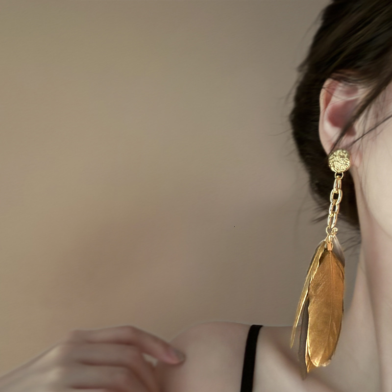 Sier Needle Gold Feather Tassel French Niche Exotic Ethnic New Chinese Style Earrings