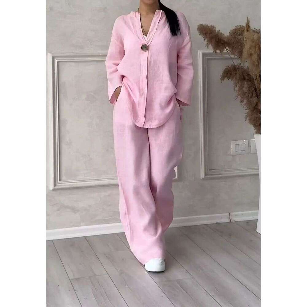 Women's Clothing 2 Piece Large Size Cotton And Linen Shirt Set High Waist Loose Trousers