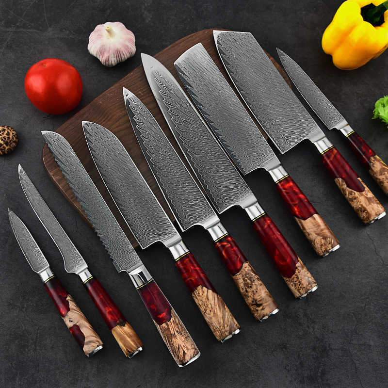 VG10 Damascus chef's knife set with resin handle, small size, suitable for ladies, slicing meat, perfect for cooking, sharp and durable kitchen k
