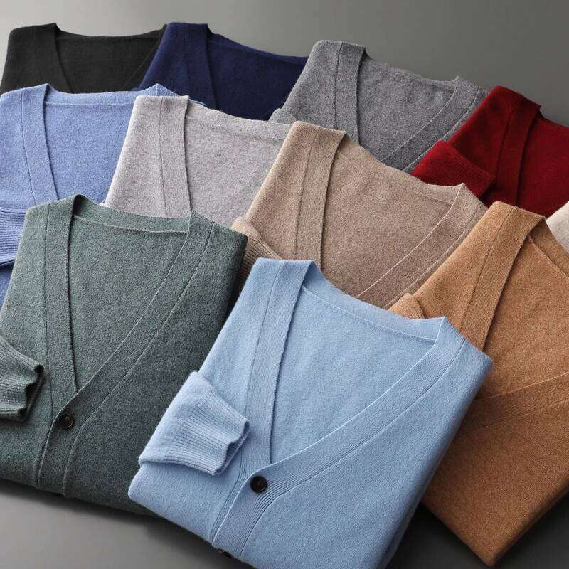 New Men's 100% Pure Merino Wool Sweater Jacket V-Neck Knitted Cardigan Autumn Winter Solid Color Top Casual Basic All-Match MDNG