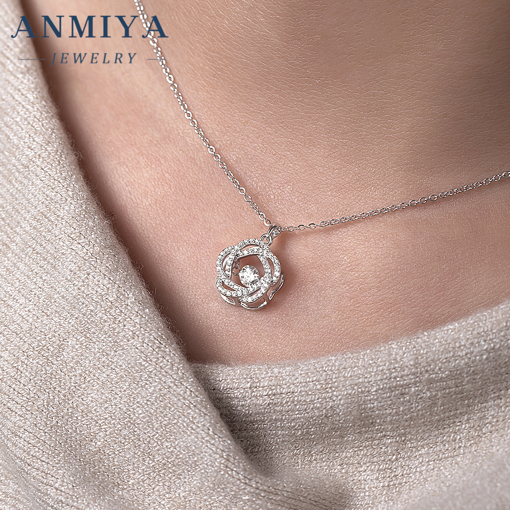 Floral Design 925 Silver Jewelry Necklace, Rose Silver Pendant Necklace for Spring and Garden Party