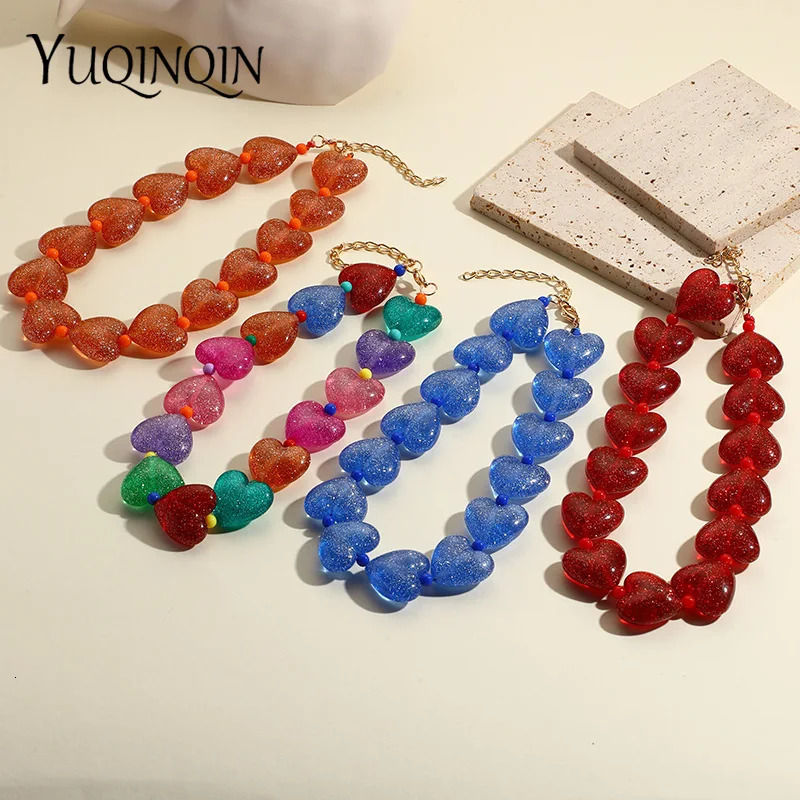 Trendy Cute Transparent Resin Heart Beads Necklaces for Women Beaded Chain Choker Necklace For Girl Simple Fashion Jewelry Party 250729