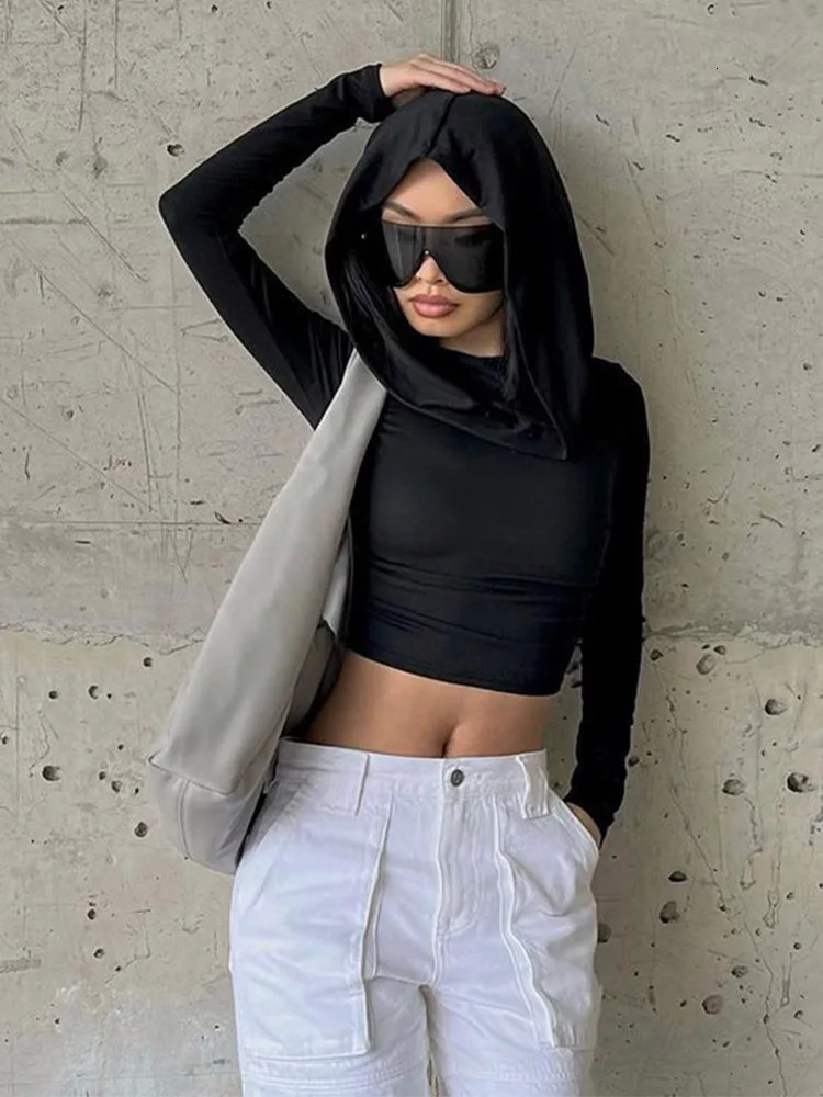 Womens Hooded Crop Tops Autumn Solid Color Long Sleeve Cowl Neck Slim Fit Short TShirt Streetwear Sporty Basics Tees 250729