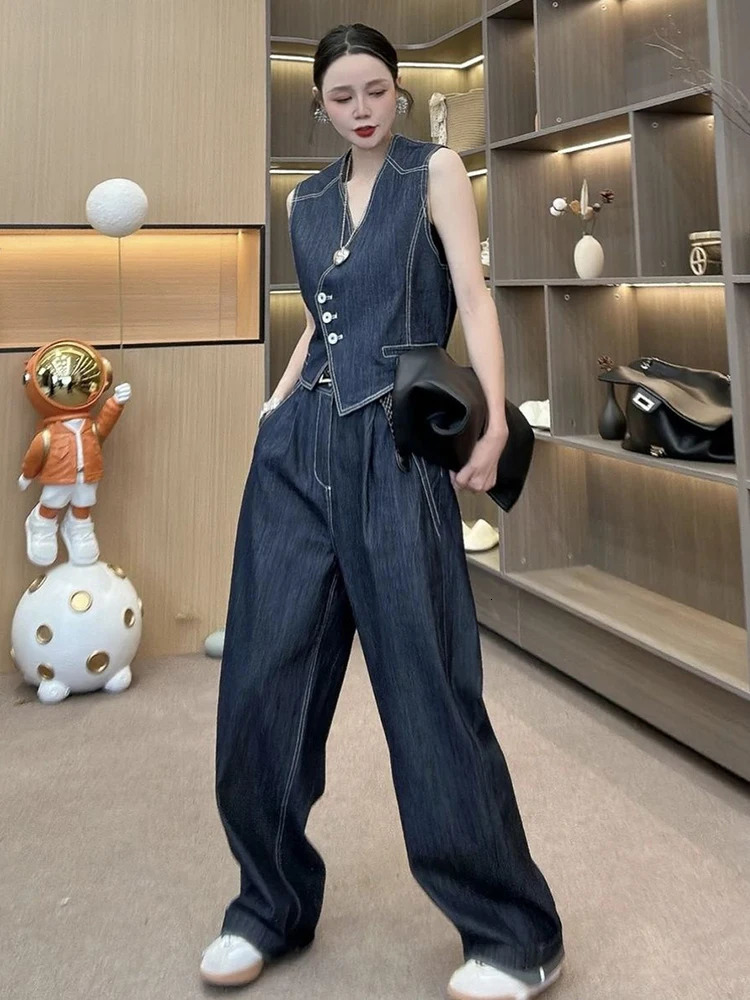 Summer Womens Denim Pants Suit Sleeveless Vneck Single Breasted Split Top Vest High Waist Wide Leg Lady Sets 250730