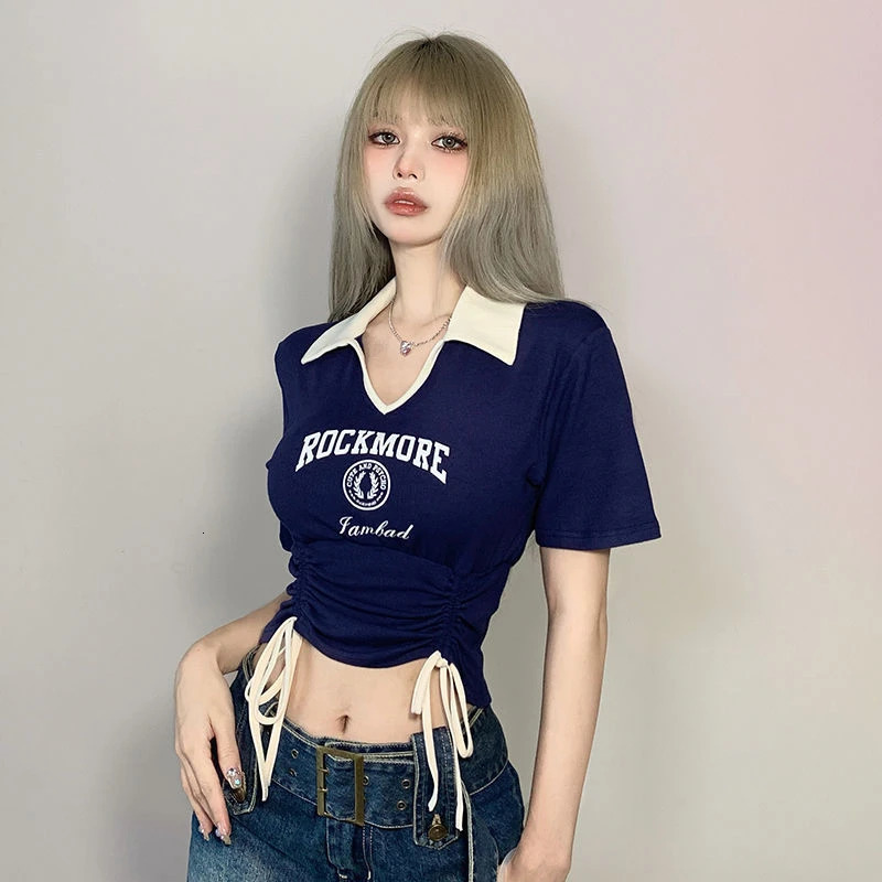 Women Sweet Spicy Style Clothes Lady Drawstring Tie Up Crop Tops Female Turndown Collar Graphic Short Sleeved Tshirts 250724