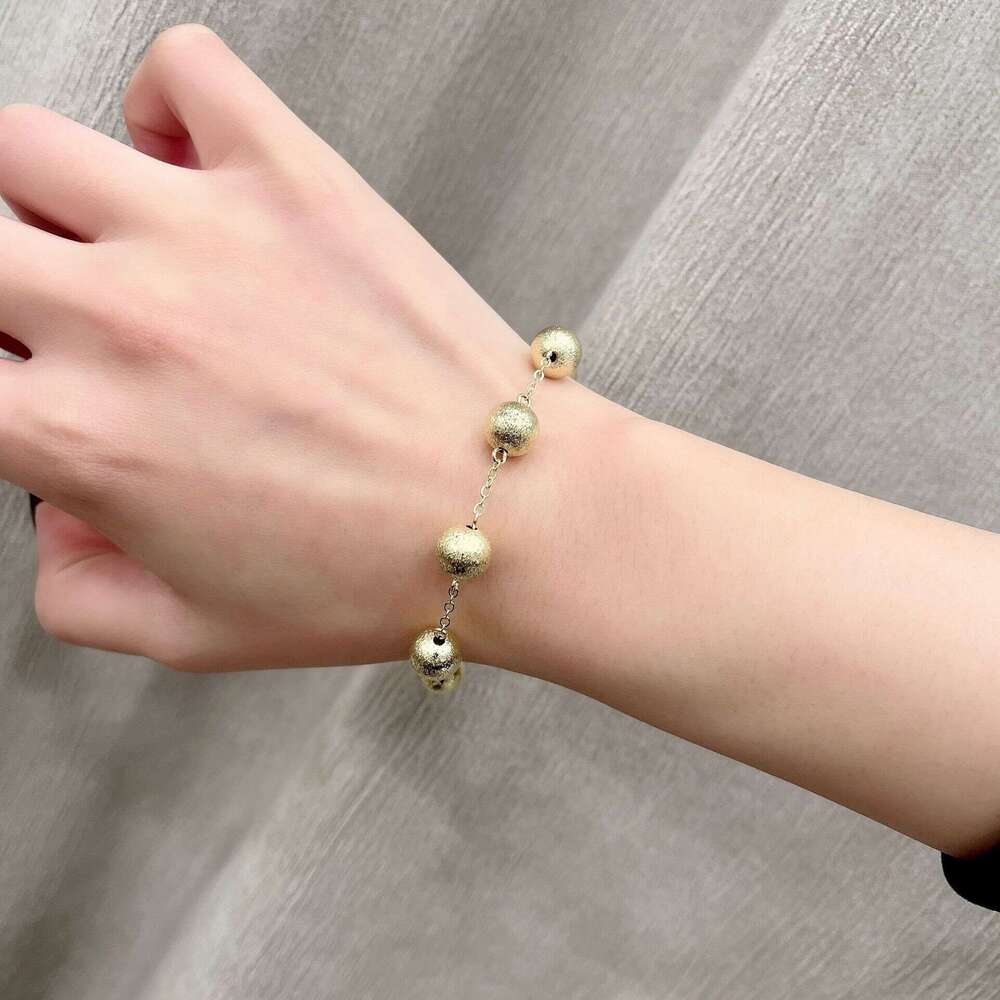 Geometric Smooth Metal Round Bracelet with Beaded Chain, Brushed Bead Bracelet, Gold Color, Light , Niche, High-End Fashion 6c6