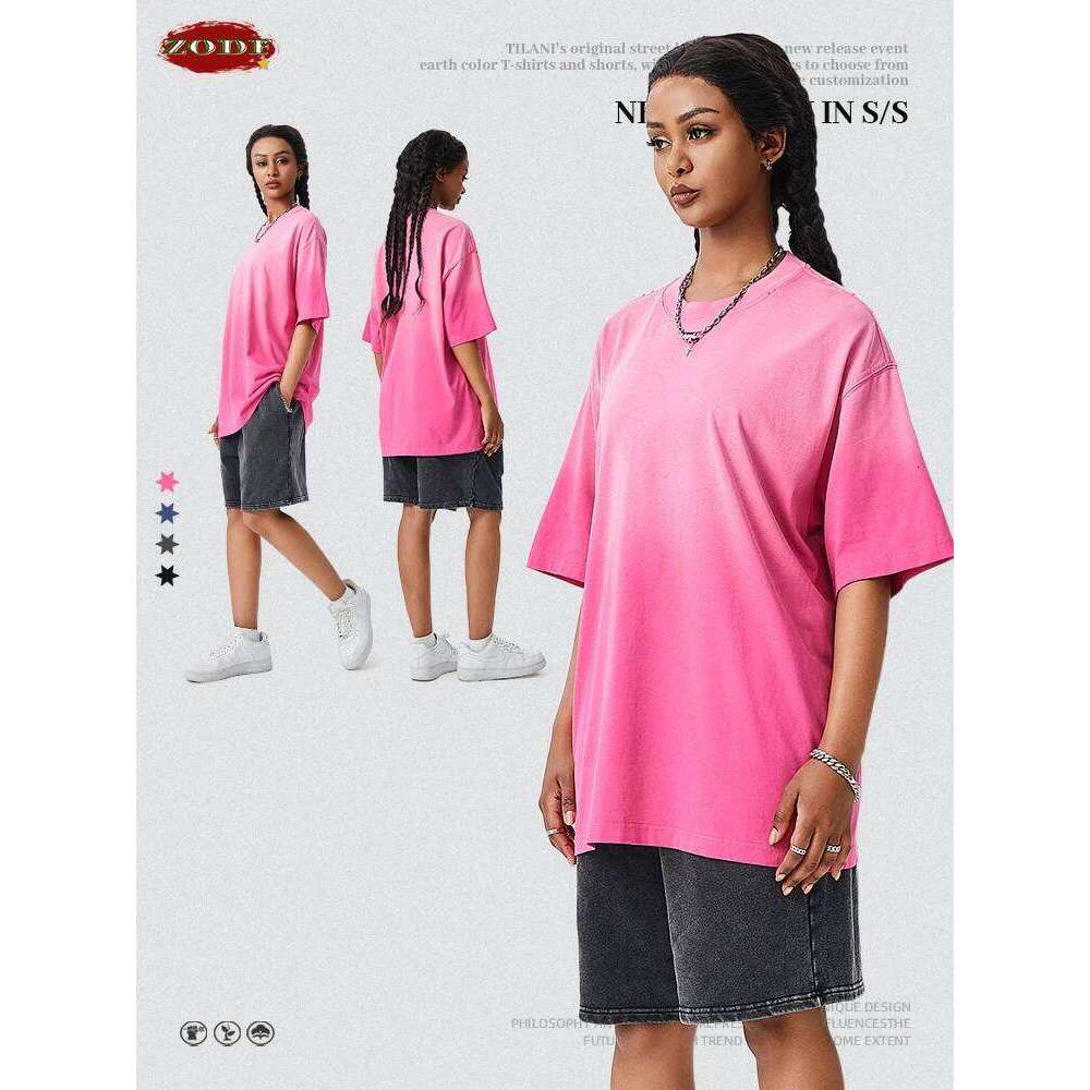 ZODF New Men's Summer Washed Gradient Cotton T-Shirts Unisex Women Retro Distressed 310gsm Ripped T Shirt Brand Tops HY0859