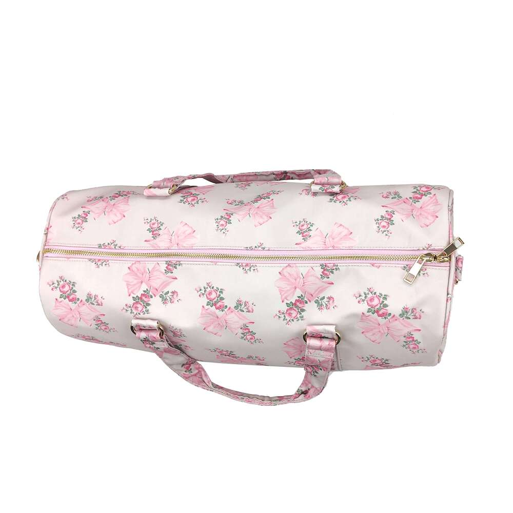 2024 Fashion Nylon Waterproof Flower Bow Printed Ladies Shoulder Bag Travel Gym Duffle Handbags