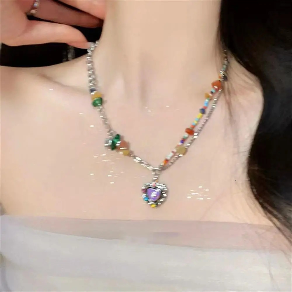 Y2k Rainbow Candy Beaded Choker Necklace Women Boho Beads Cherry Pendant Necklaces Vintage Irregular Girl Necklace Jewelry Gifts 250729