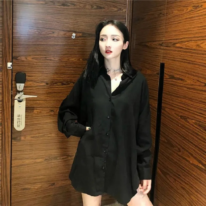 Minimalist Oversize Full Sleeve Women Basic Black Shirt Button Up Blouse Turn Down Collar BF Long Shirts Autumn Cardigan Tops 250729