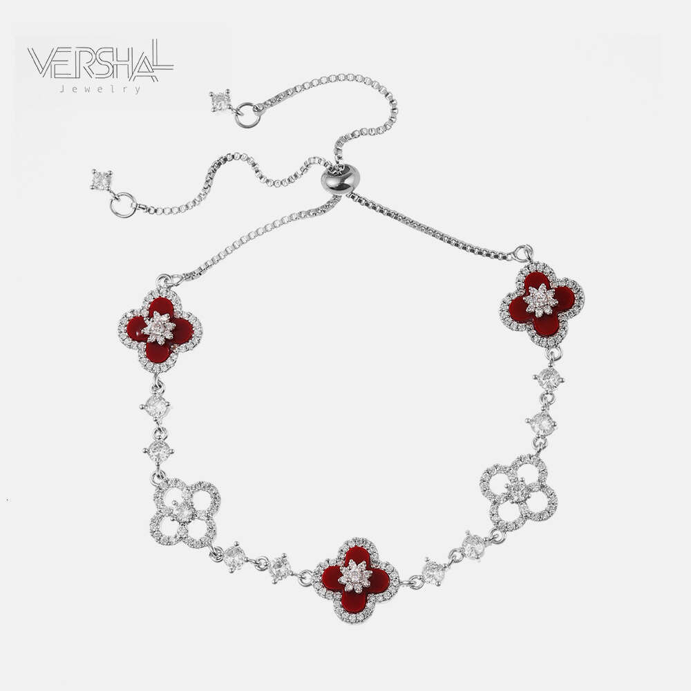 Sier Lucky Red Four-Leaf Flower INS Style Copper Gold-Plated Pull Necklace Bracelet Set