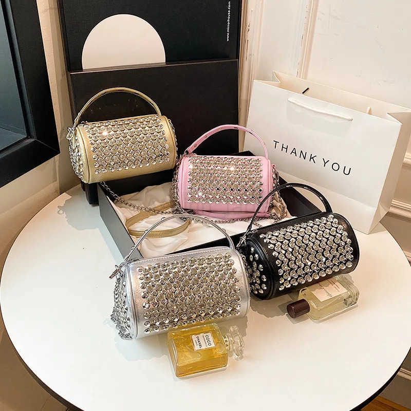 New Womens Bag Cylinder Handmade Shoulder Bag Water Diamond Versatile One Shoulder Crossbody Pillow Bag M250730