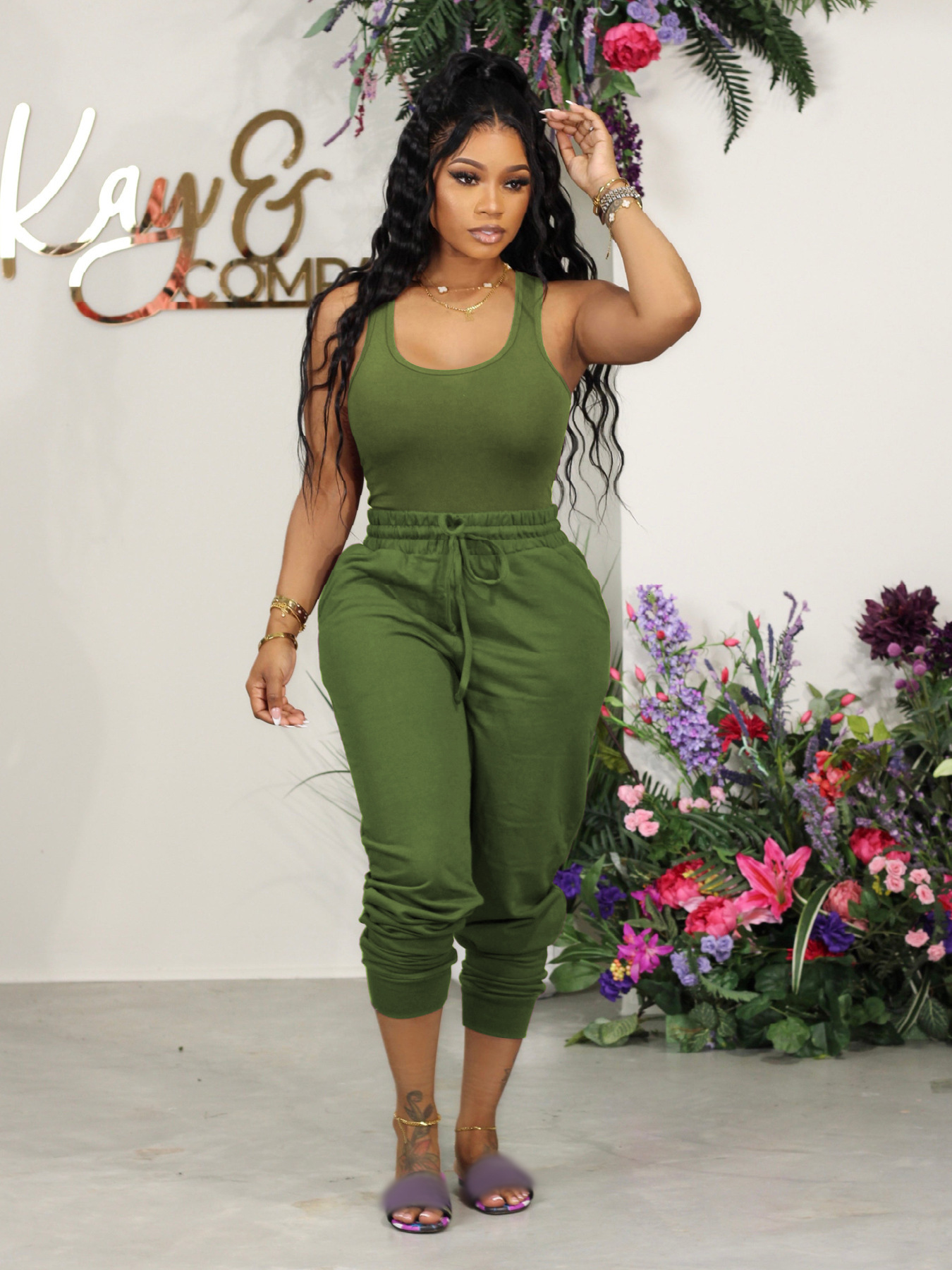F1357 New Womens Fashion Casual Solid Color Vest and Sweatpants Set
