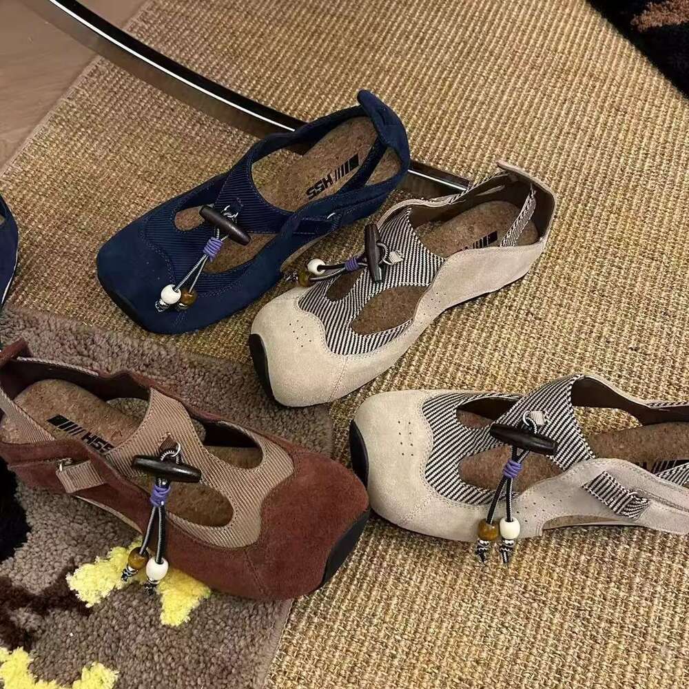 Cowhide Version~ Thick Sole Hidden Heel Casual Square Toe for Women Slip-On Shallow Mary Jane Sandals German Training Shoes