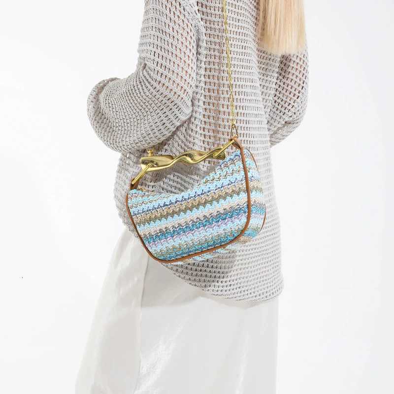 Rainbow Summer Straw Woven Crossbody Shoulder BagDesigner Beach Straw Tote BagWomen Clutch PurseCasual Metal Handle Handbag Y250729