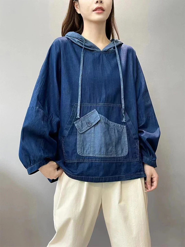 AmaxluluE Spring Fashion Denim Hoodies Women Vintage Hooded Classic Loose Sweatshirts Ladies Harajuku Casual Korean Clothes 250730