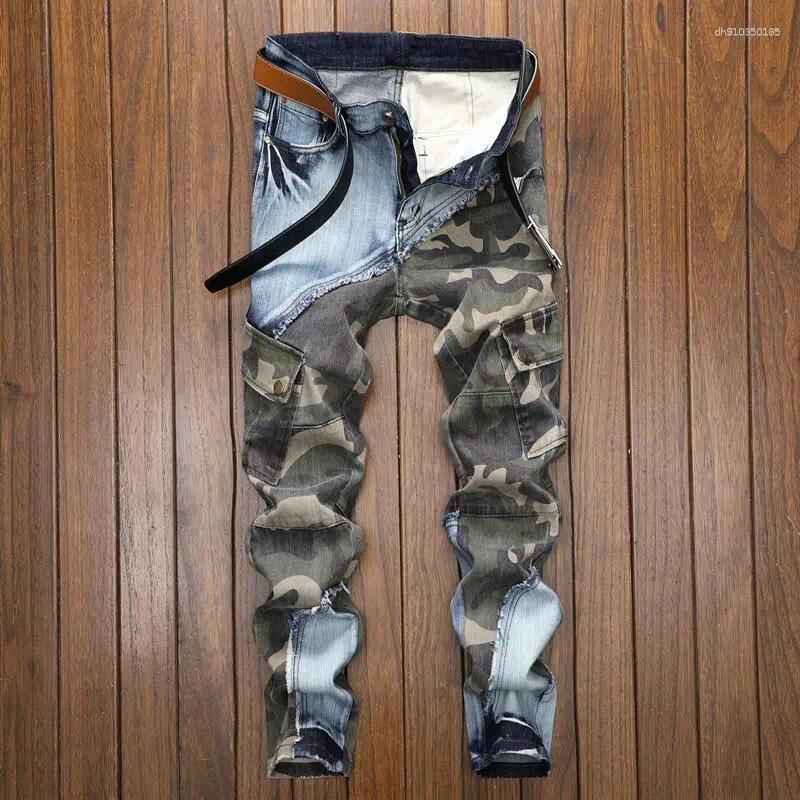 Men's Jeans Patchwork Fashion Retro Slim Fit Elastic Pencil Pants Male Denim Camouflage Cowboy Long Trousers