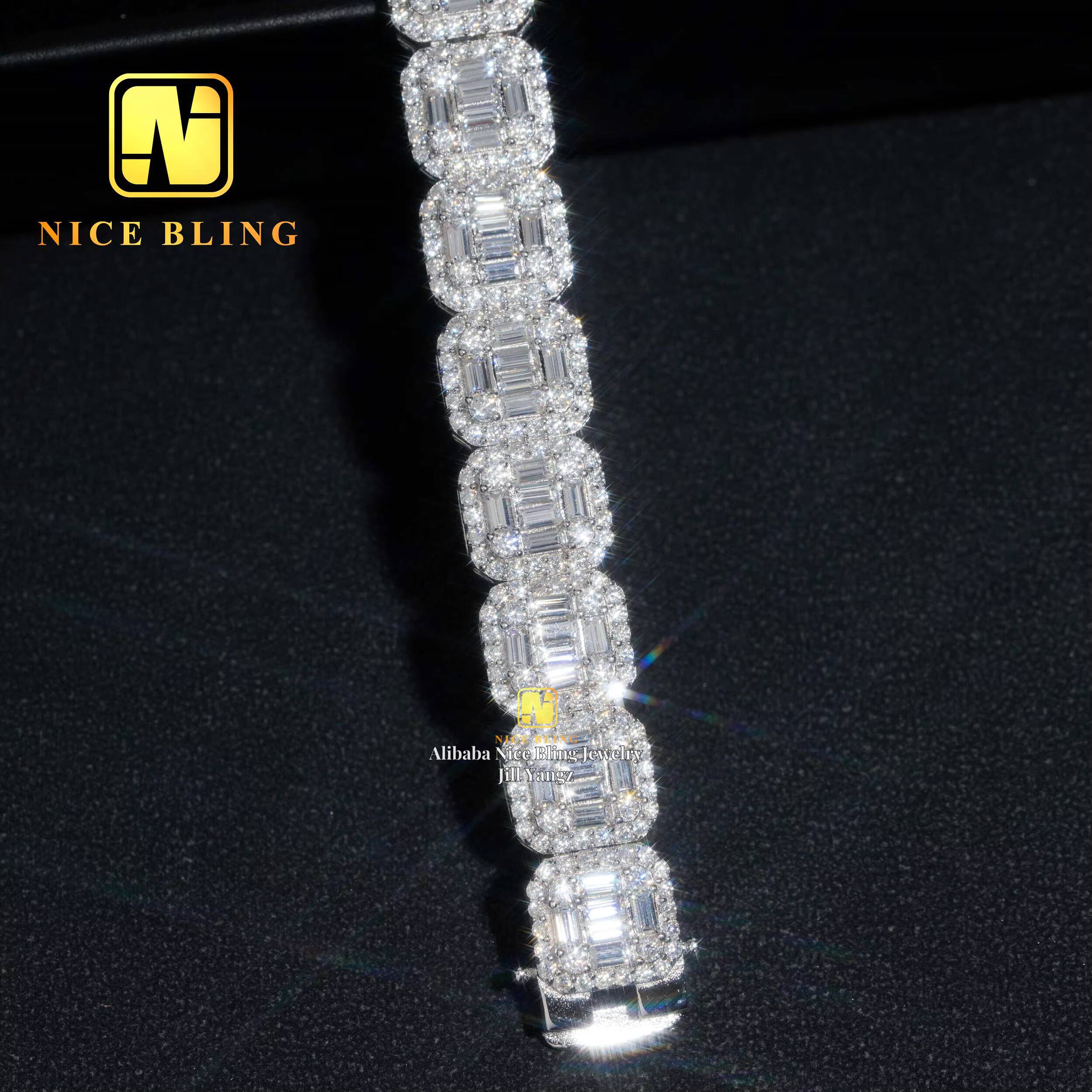 Nice Bling Jewelry Baguette Moissanite Cuban Bracelet Hip Hop Rock Moissanite Cuban Chain 925 Silver