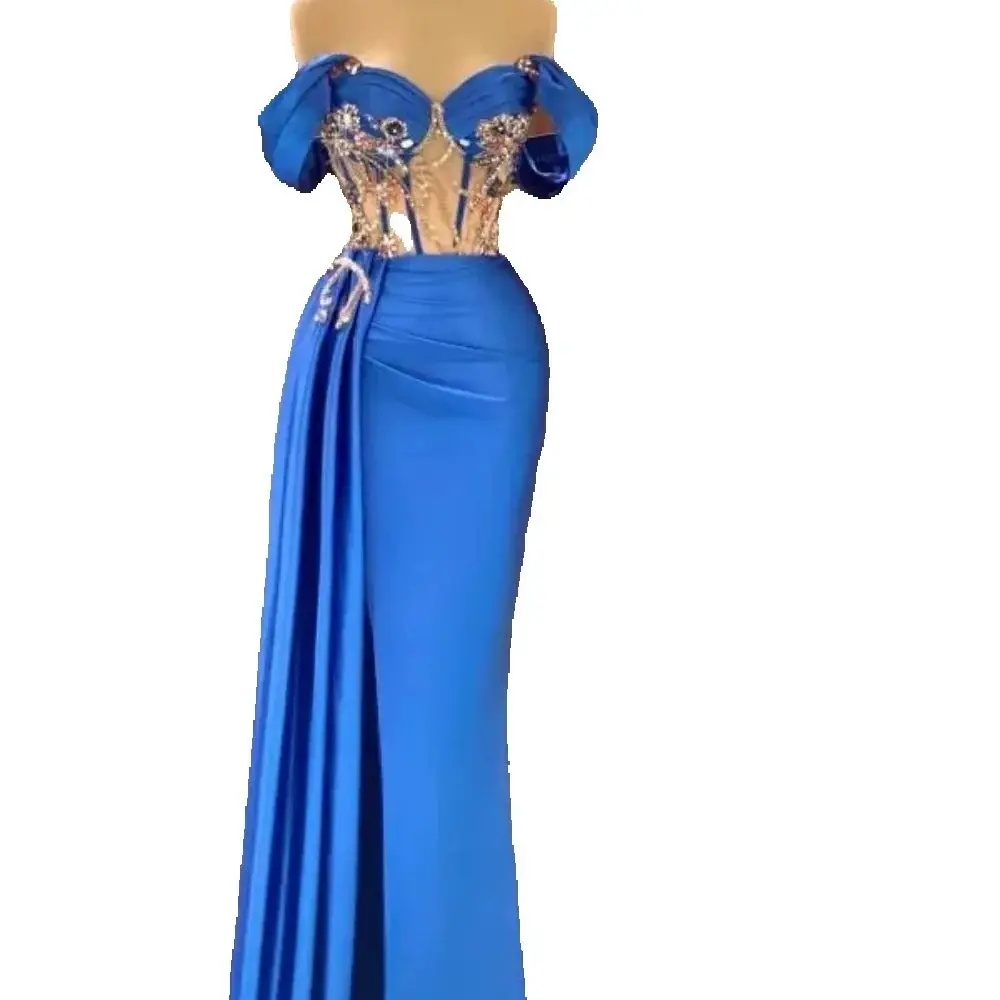 Vintage Beaded Applique Evening Dresses Customized Sexy Off The Shoulder Prom Dress Side Train High Split Party Gown