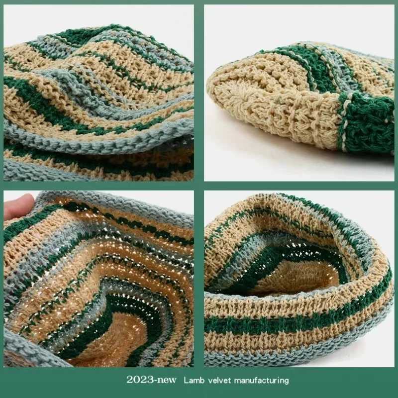 Handmade Crochet Striped Hat For Men Hollow Knitted Cotton Panama Fisherman Hats Summer Holiday Sun Cs Y250730