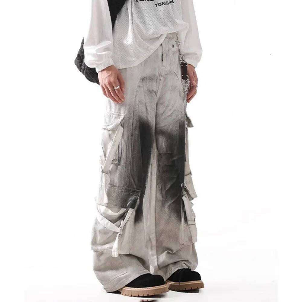 Summer New Contrast Color Baggy Jeans Multi-Pocket Overalls Retro Fashion Casual Trend High Street Hip-Hop Men's Bottoms
