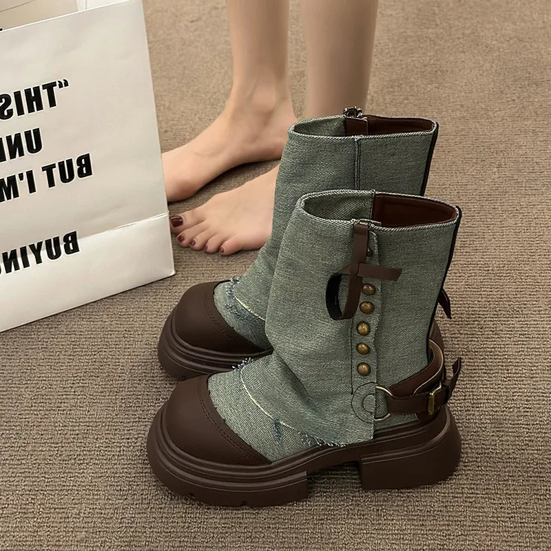 n Style Trousers Boots Womens Fashion Denim Short Boots Casual Platform Shoes Cowboy Boots for Women Gothic Shoes 250729