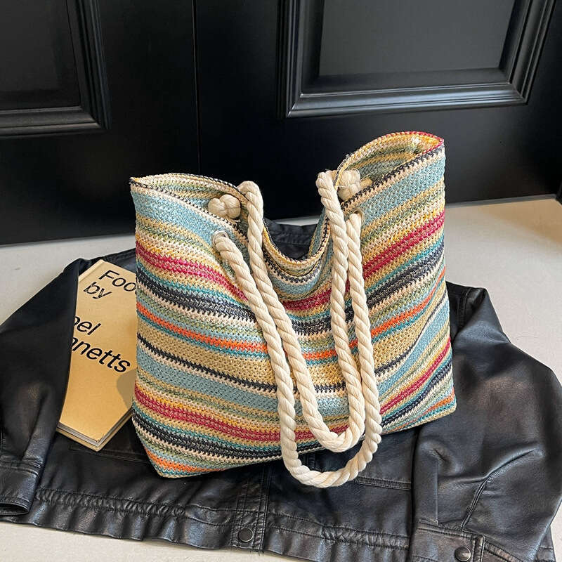 Colorful Striped Woven Vacation Style Straw High-end Fashion Versatile Shoulder New Large Capacity Bag