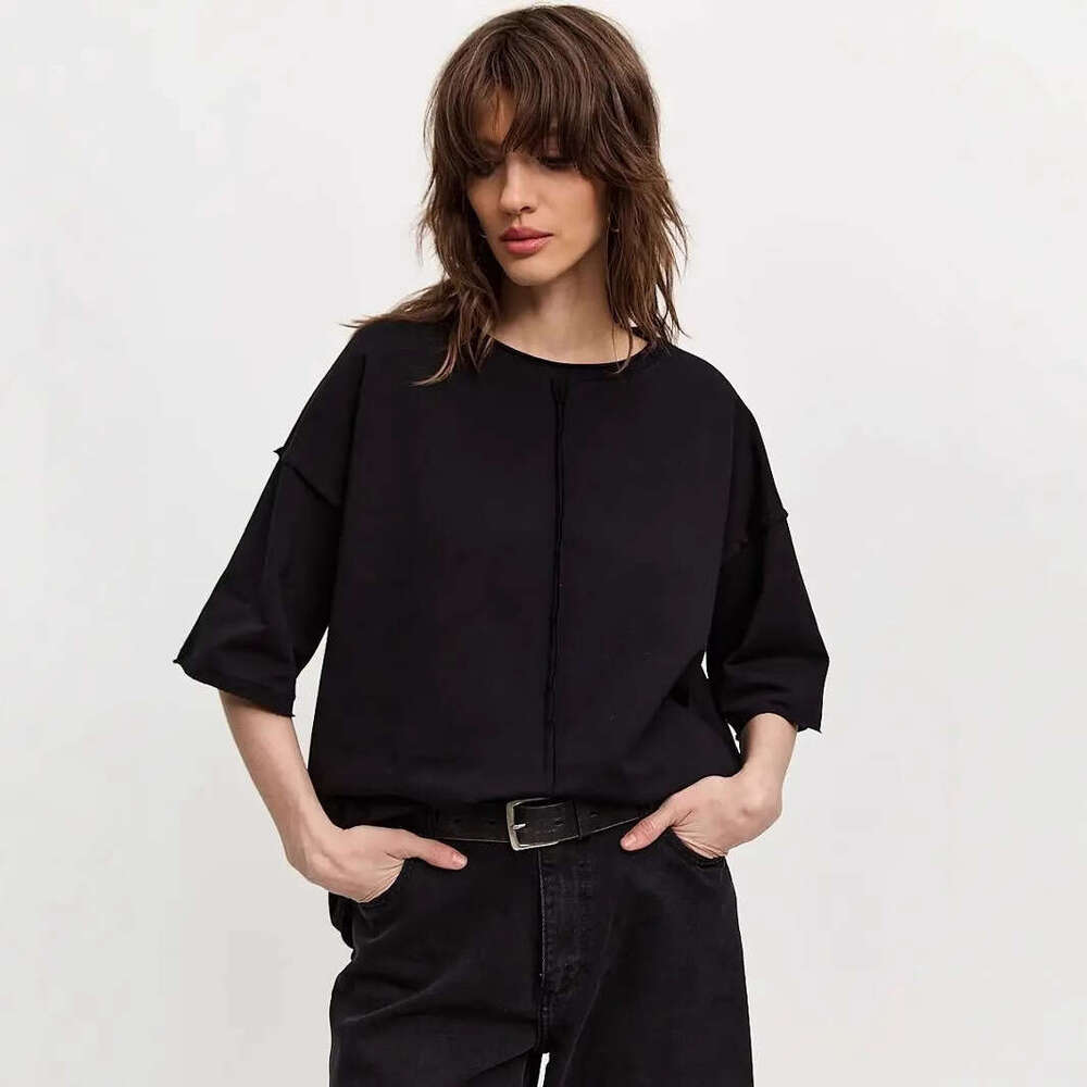 Spring Summer New Loose Cotton T-Shirt For Women Distressed Short Sleeve Patchwork Top B5