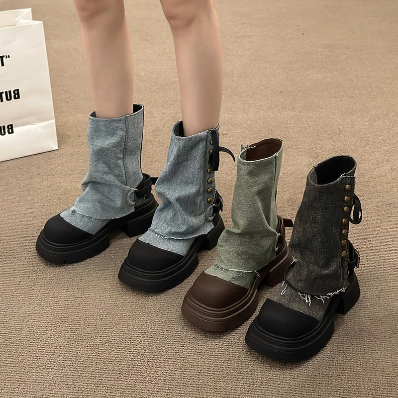 n Style Trousers Boots Womens Fashion Denim Short Boots Casual Platform Shoes Cowboy Boots for Women Gothic Shoes 250729