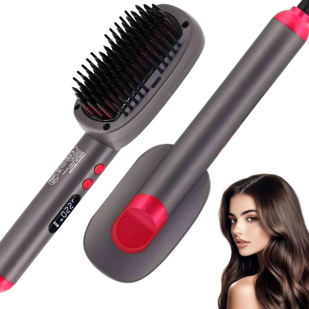 Straightener With Keratin Ceramic Coating, Negative Ion Straightening Brush, Dual Voltage Hot-air Hair Brush - Black