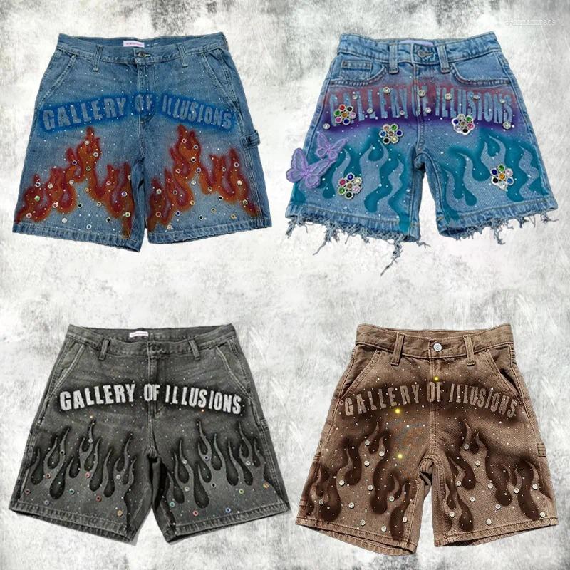 Men's Shorts Baggy Denim Harajuku Pattern Rhinestone Decoration High Waist 2000s Hip Hop Men Basketball Streetwear