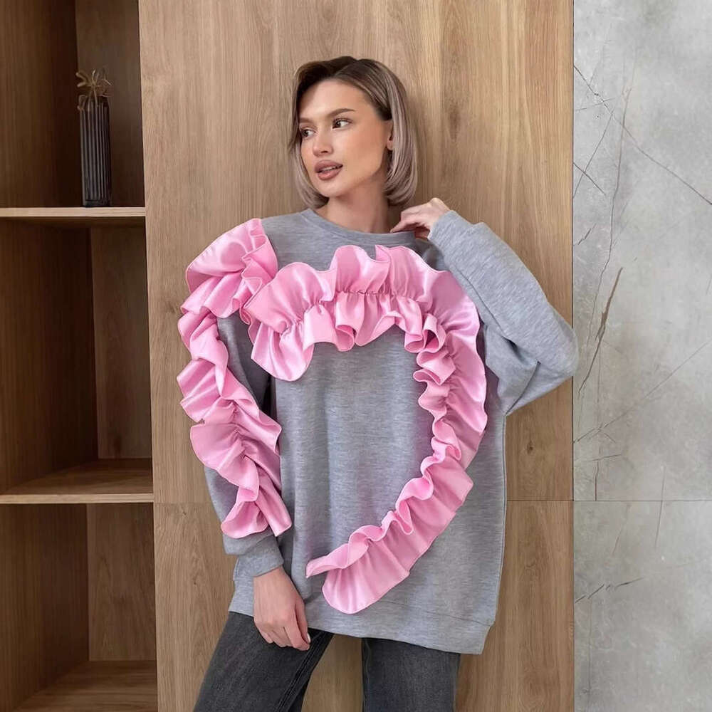 Heart Lace Trim Design Color-Block Sweatshirt Round Neck Long Sleeve Casual Loose Fleece Top For Women B5