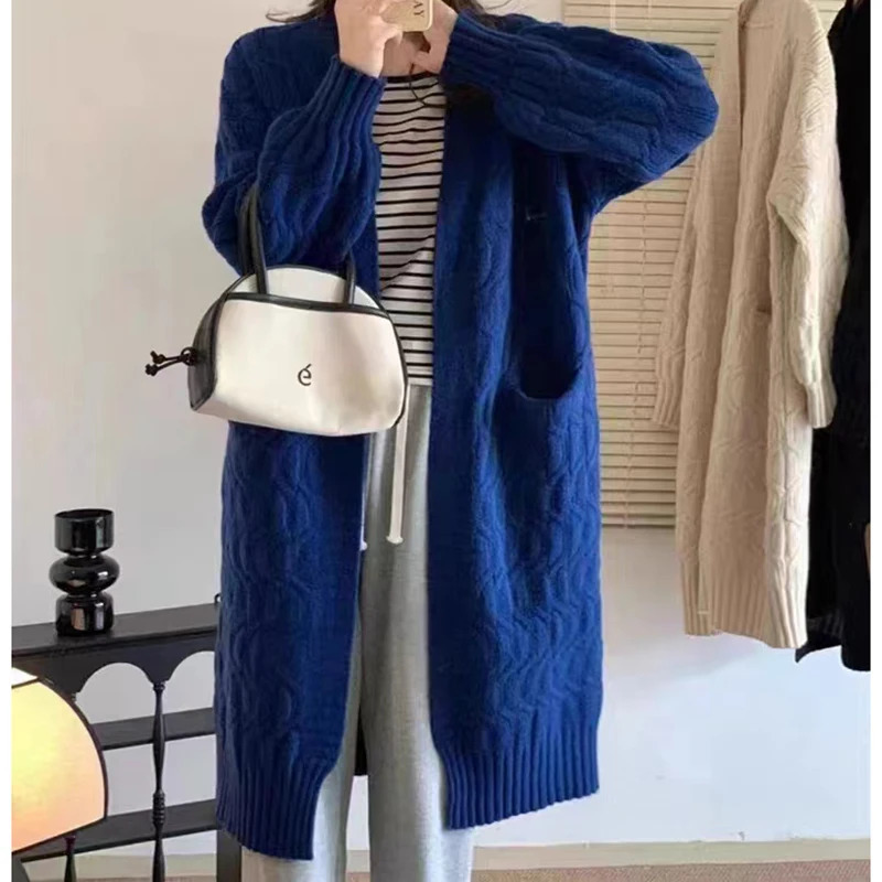 FIGOHR Womens AutumnWinter Long Cardigan Coat with Lantern Sleeves and Pockets Elegant Solid Knitted Sweater 250730