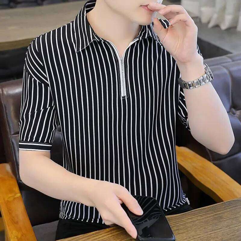 Summer New Business Color Blocked Striped Polo Shirt Men's Short Sleeved Top Flip Collar Casual T-shirt