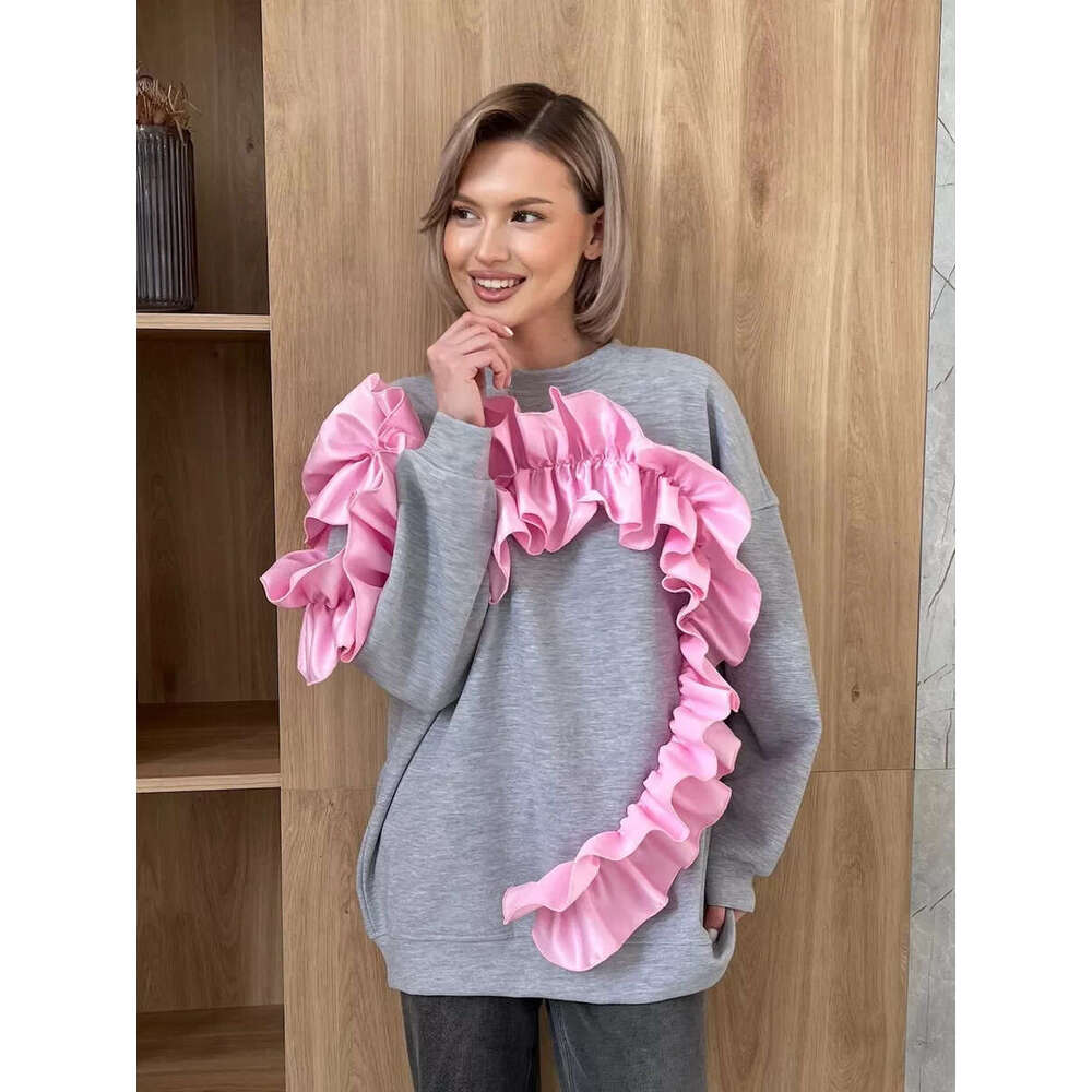 Heart Lace Trim Design Color-Block Sweatshirt Round Neck Long Sleeve Casual Loose Fleece Top For Women B5