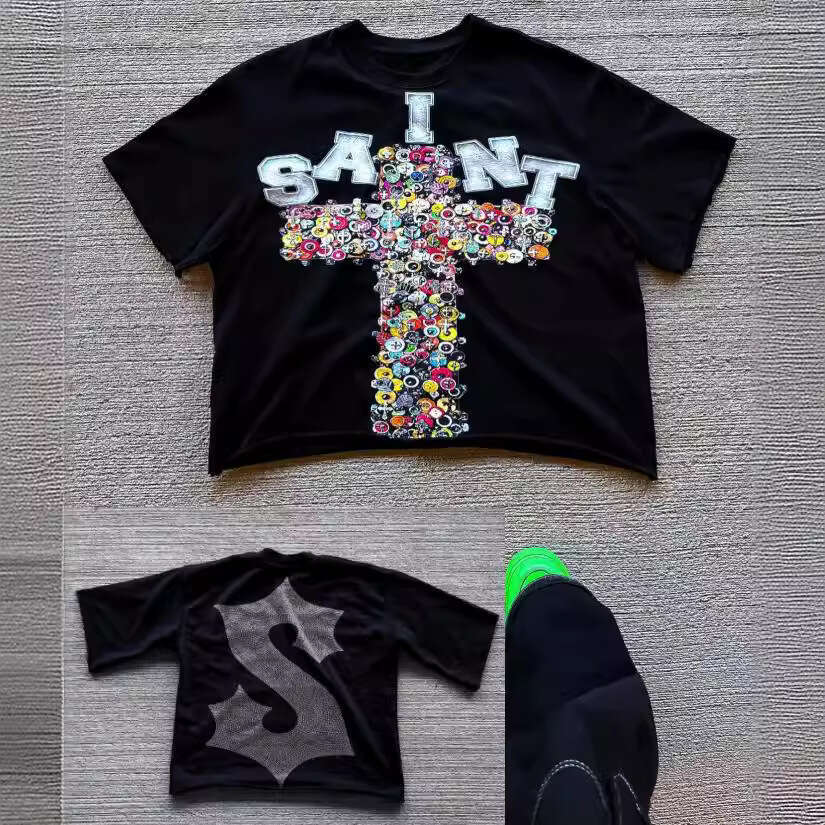 Cross Graffiti Rhinestone Print T-shirt Short Sleeve Top Trendy Brand Series
