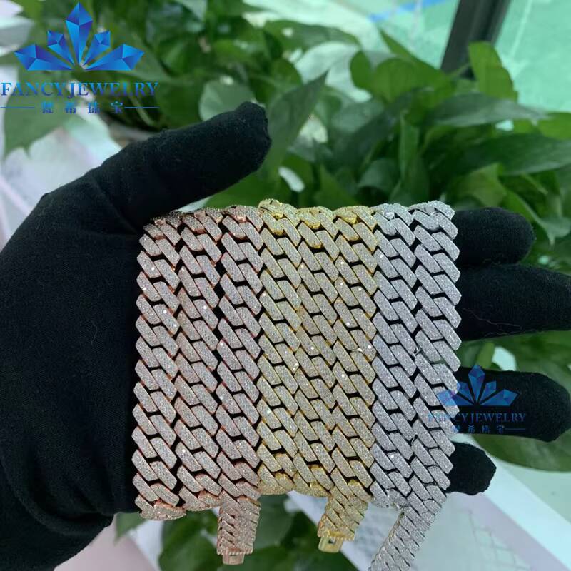 Pass Diamond Tester 8mm-12mm Two Rows 925 Silver Moissanite Cuban Chain Ice Out Hiphop Cuban Link Chain Bracelet