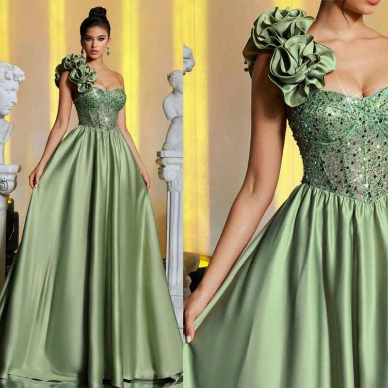 Graceful Green Prom Dresses One Shoulder Sleeveless Lace-Up Court Gown Floor-Length Custom Made Formal Party Dress Vestido De Noite