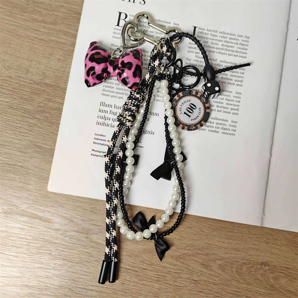 Sweet Cool Rose Pink Leopard Print Bow Keychain Chip Pearl Chain Pendant Women's Bag Charm